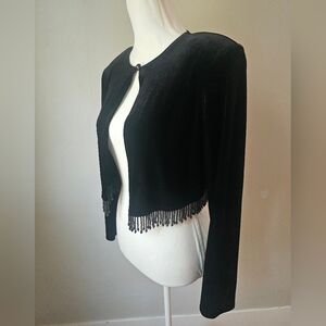 Black Velvet Beaded Fringe Cropped Jacket